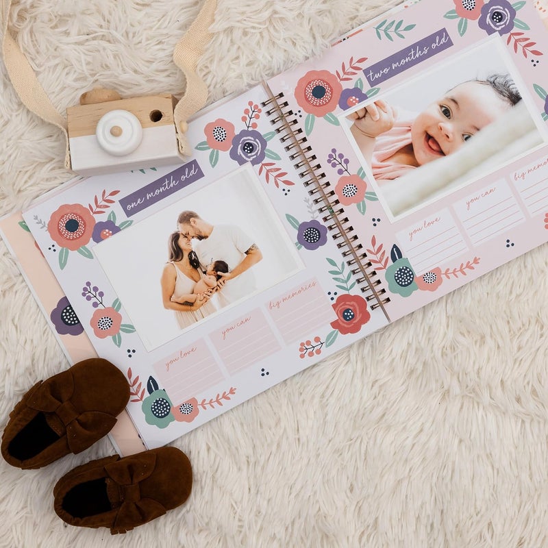 Pondering Pine Baby Memory Book Girl - Keepsake Journal and Scrapbook Photo Album for Girls First 5 Years, Baby Milestones, Floral, Hardcover - Image 4